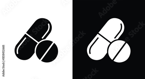 Black and white pills - Black and White Vector Symbol, Minimal Solid Vector Illustration, Minimal UI Vector, Flat Solid Vector, Flat Vector Illustration, icon, Editable stroke icon, Modern icon