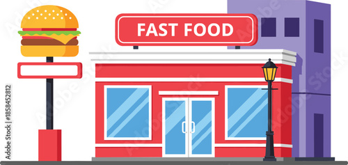 Modern flat vector illustration of a red fast food burger restaurant storefront with large outdoor signage and lamppost
