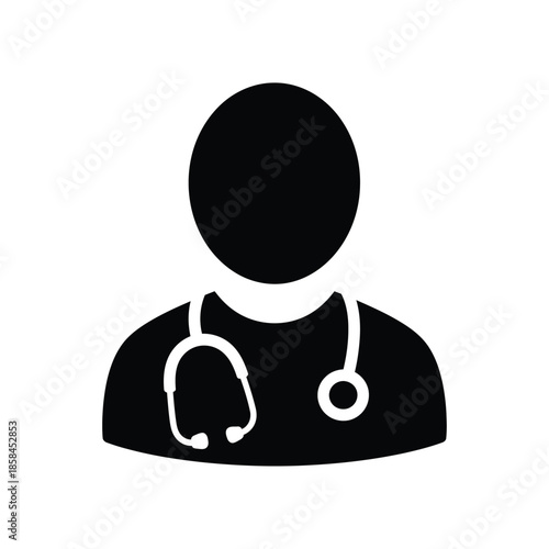 A simple black and white icon depicts a healthcare professional with a stethoscope representing medical support and patient care services