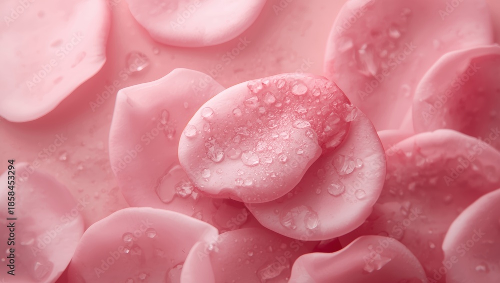 Fototapeta premium Close-up of dew-covered pink rose petal serving as a gentle backdrop for botanical layout or floral themes