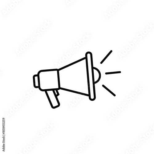 A simple black and white line drawing depicts a classic megaphone with sound waves emanating from its conical opening conveying communication
