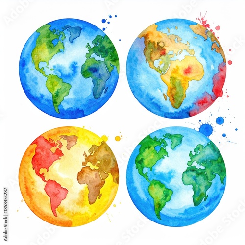 Four watercolor globes, various color schemes, splatters