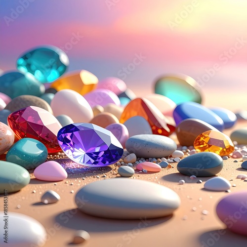 Colorful gems scattered on sandy beach
