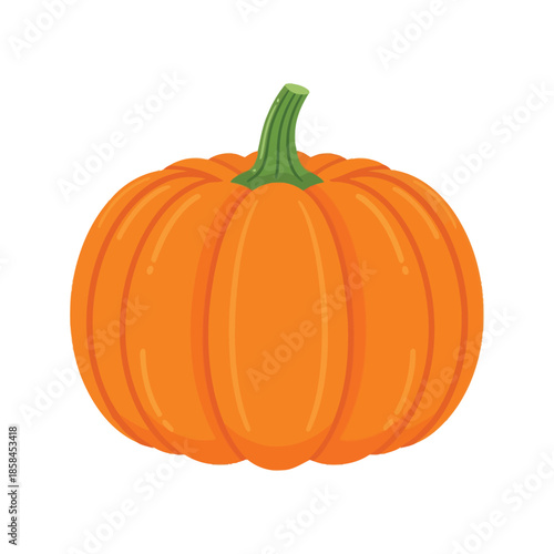 a vibrant and delightfully round orange pumpkin with a sturdy green stem sits prominently against a completely white background isolated