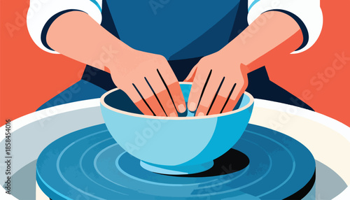 Hands molding a bowl on a pottery wheel, abstract style