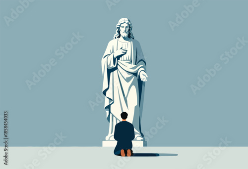 A kneeling figure faces a serene statue of a robed figure against a muted blue background