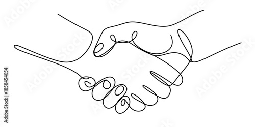 Continuous line drawing of two hands shaking, symbolizing agreement, partnership, and successful collaboration