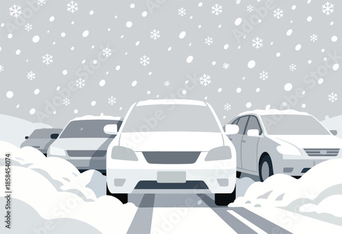 Cars stuck in heavy snowfall on a winter day