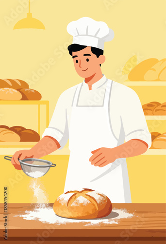 Baker dusting flour on a loaf of bread, with shelves of baked goods in background