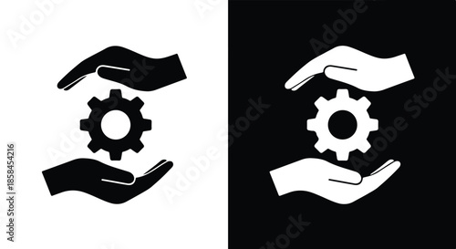 Hands holding gear - Black and White Vector Symbol, Minimal Solid Vector Illustration, Minimal UI Vector, Flat Solid Vector, Flat Vector Illustration, icon, Editable stroke icon, Modern icon