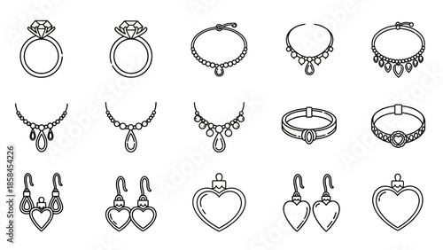 Engagement and Wedding Ring Line Icons Set