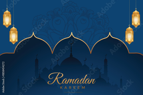 Ramadan kareem background blue flat design vector