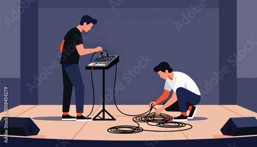 Two people setting up sound equipment on a stage