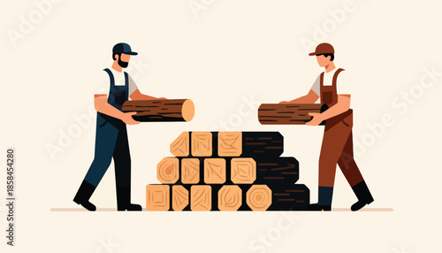 Two people in overalls carrying logs with a stack of wood