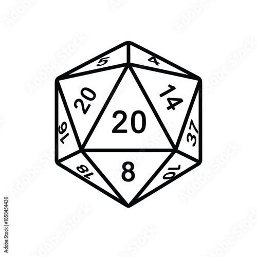 a detailed black and white illustration of a twenty sided die with visible numbers on various faces representing chance high quality