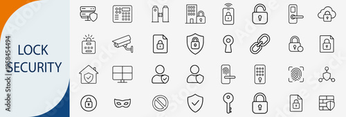 Lock security and protection thin line icon set, vector design
