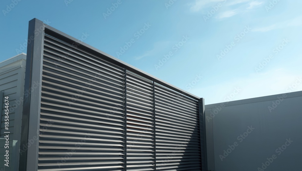 Obraz premium Modern metal fencing with adjustable louvers and slats, ventilation and security, urban development, Earth Day