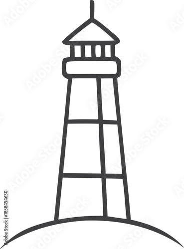 Hand drawn lighthouse icon, simple black and white line art nautical beacon illustration isolated on white background