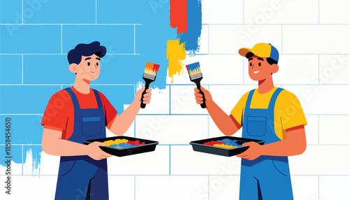 Two men in overalls paint a tiled wall with colorful brushes and trays