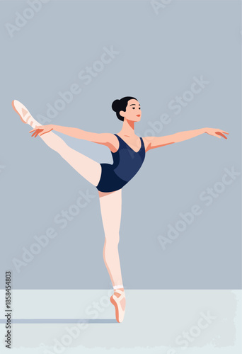 Elegant ballerina in deep blue leotard performs a graceful ballet pose on stage