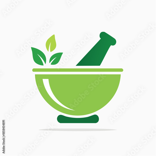 Minimalist green mortar and pestle illustration for natural medicine and wellness