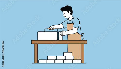Person wearing apron cuts into large block on table with stacked blocks below