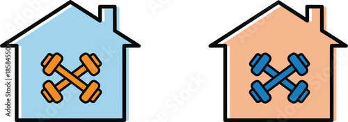 Home gym and fitness icon set with dumbbells inside house silhouette for home workout conceptHome gym and fitness icon set with dumbbells inside house silhouette for home workout concept
