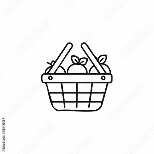 Minimalist orchard bounty illustration:  Hand drawn basket of fresh fruits