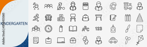 Kindergarten and preschool education thin line icons, school supply vector set