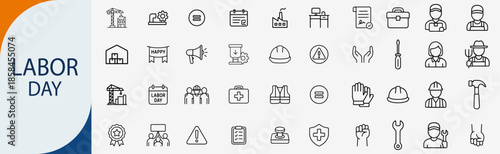 Labor Day icon set, construction and worker thin line vector icons