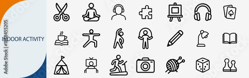 Indoor activity and hobby thin line icons, home lifestyle vector set