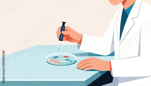 Scientist in lab coat using pipette on petri dish in a laboratory setting