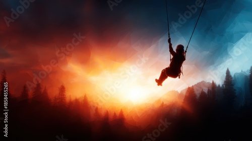 A child swings joyfully against a backdrop of a captivating sunset, blending warm hues and cool silhouettes, evoking feelings of freedom and exhilaration.