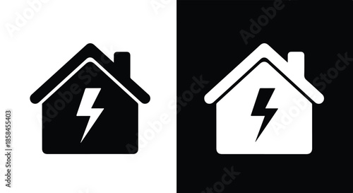 House with lightning symbols - Black and White Vector Symbol, Minimal Solid Vector Illustration, Minimal UI Vector, Flat Solid Vector, Flat Vector Illustration, icon, Editable stroke icon, Modern icon