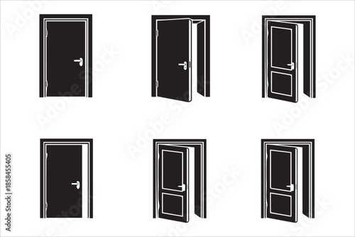 Vector Doors collection , Opened entrance door close and ajar door icons set flat style