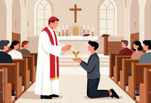 Clergyman administering communion to a kneeling attendee during a church service