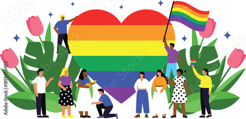 Diverse people celebrating LGBTQ pride with large rainbow heart flag and floral elements for inclusion and equality themes