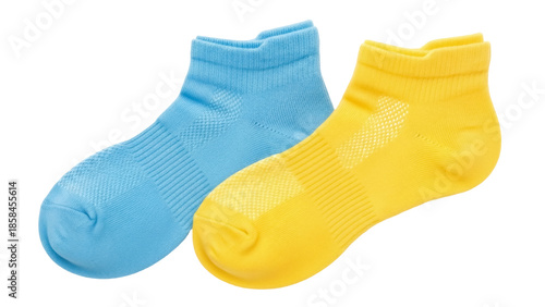 Isolated ankle socks in blue and yellow for women, girls, or kids, sports and fashion wear
