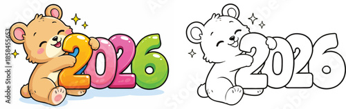 2026 numbers coloring page with a cute cartoon bear hug An illustration of a Happy New Year animal mascot