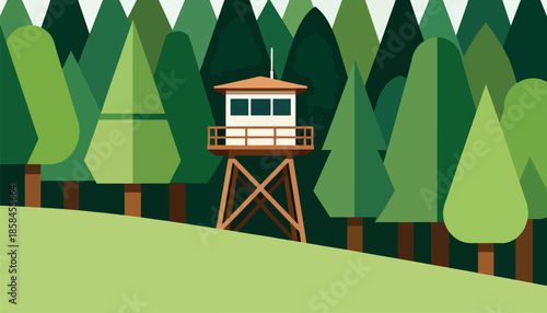 Stylized fire lookout tower in a dense forest of various green trees
