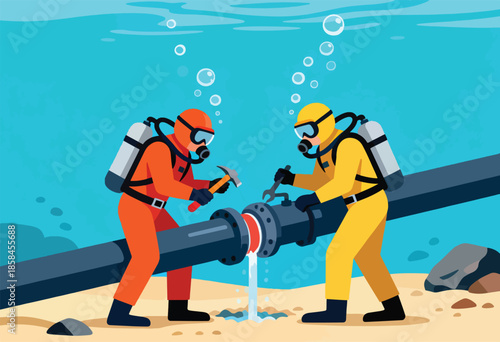 Two divers in scuba gear work on a large underwater pipe