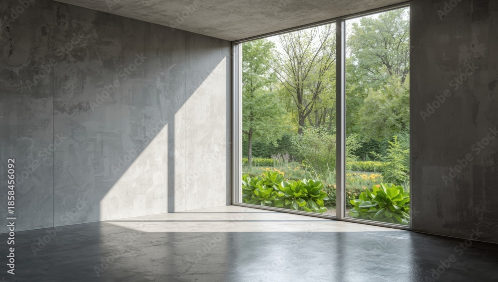 Fototapeta premium Interior space featuring a glass window frame against a concrete wall surface, used as a layout or backdrop, Earth Day