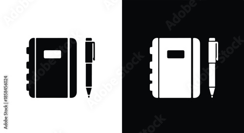 Notebook and pen icon - Black and White Vector Symbol, Minimal Solid Vector Illustration, Minimal UI Vector, Flat Solid Vector, Flat Vector Illustration, icon, Editable stroke icon, Modern icon