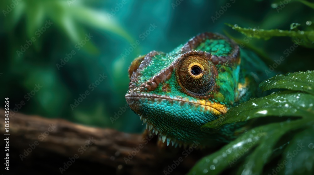 Obraz premium A vibrant close-up of a chameleon resting amidst lush greenery, showcasing its colorful skin and the richness of its natural habitat in a stunning and detailed way.