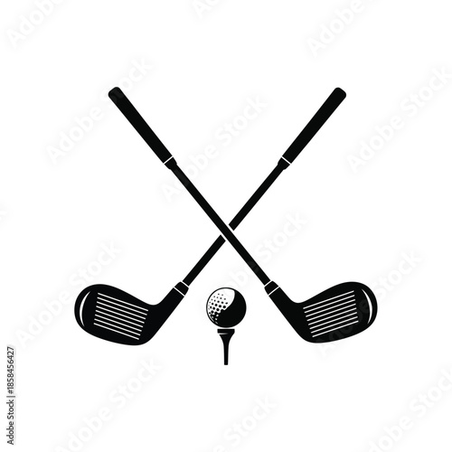 a simple black and white illustration depicts two crossed golf clubs and a golf ball on a tee symbolizing the sport