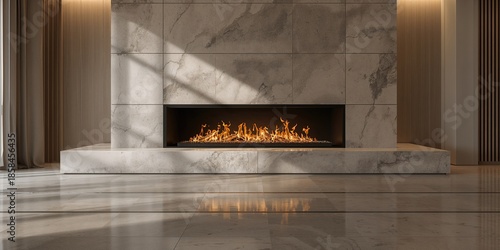Modern tile fireplace with warm lighting, designed for interior ambiance, Earth Day © The 2R Artificiality