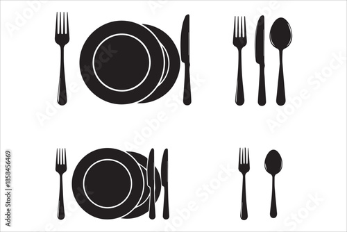 Vector plate , Fork, knife and spoon icons. Tableware set flat style. Dinnerservice collection.