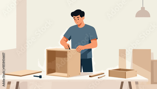 Man assembling a wooden cube on a table with tools