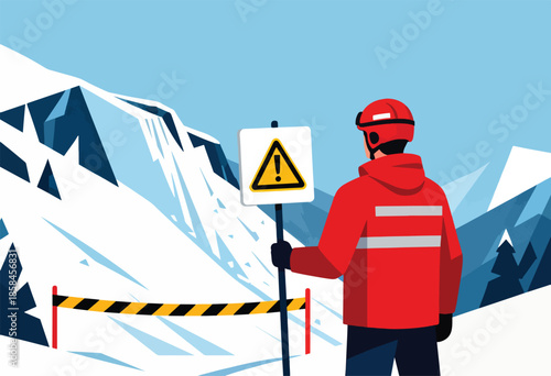 A person in red ski gear stands by a warning sign in a snowy mountain landscape