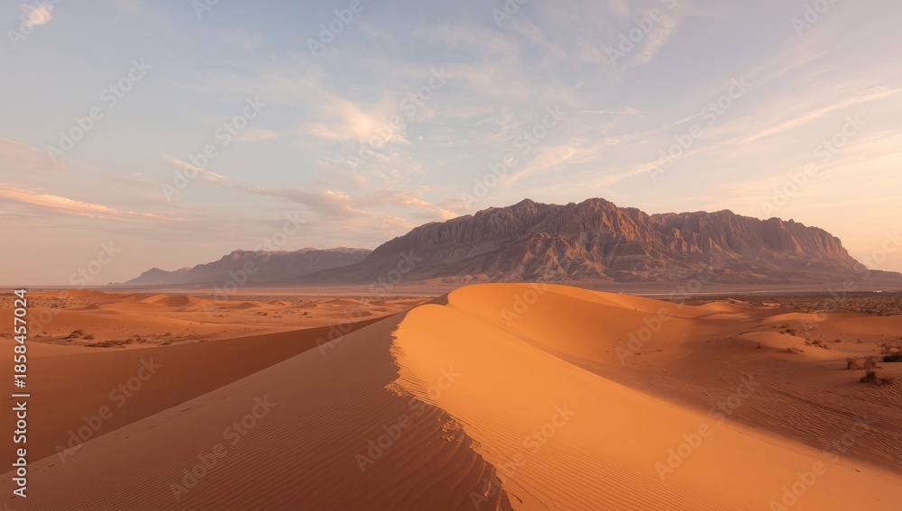 Fototapeta premium Quiet desert scene with expansive sky in Morocco, ideal for editorial header backgrounds